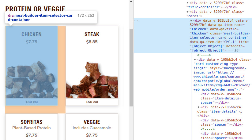 Chipotle "Chicken" button inspected on the burrito customization paging, show it's just a set <div> elements
