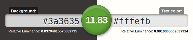 Contrast-ratio.com showing dark gray (#3a3635) has a sufficient contrast of 11.83 with white (#fffefb)
