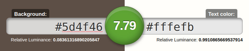 Contrast-ratio.com showing dark brown (#5d4f46) has a sufficient contrast of 7.9 with white (#fffefb)