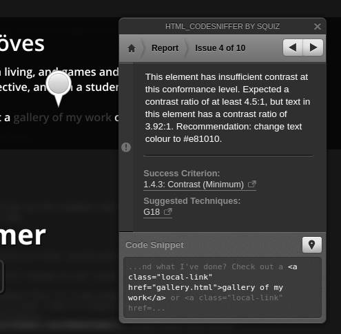 HTML_CodeSniffer error showing contrast failure, with greyscale filter