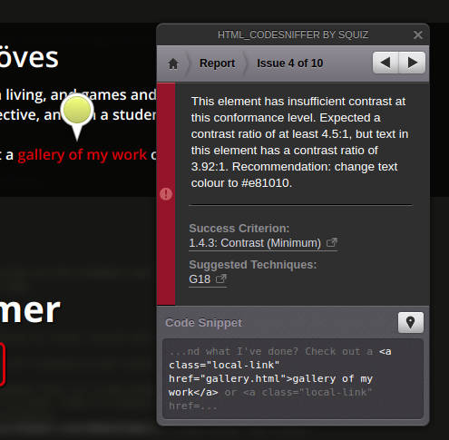 HTML_CodeSniffer error showing contrast failure due to red text on black background