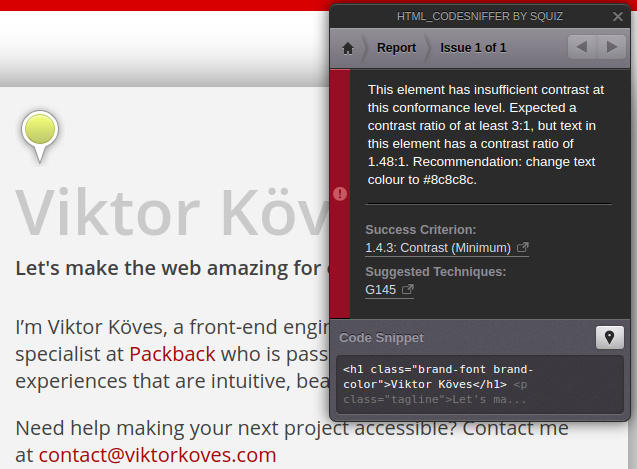 HTML_CodeSniffer error showing contrast failure